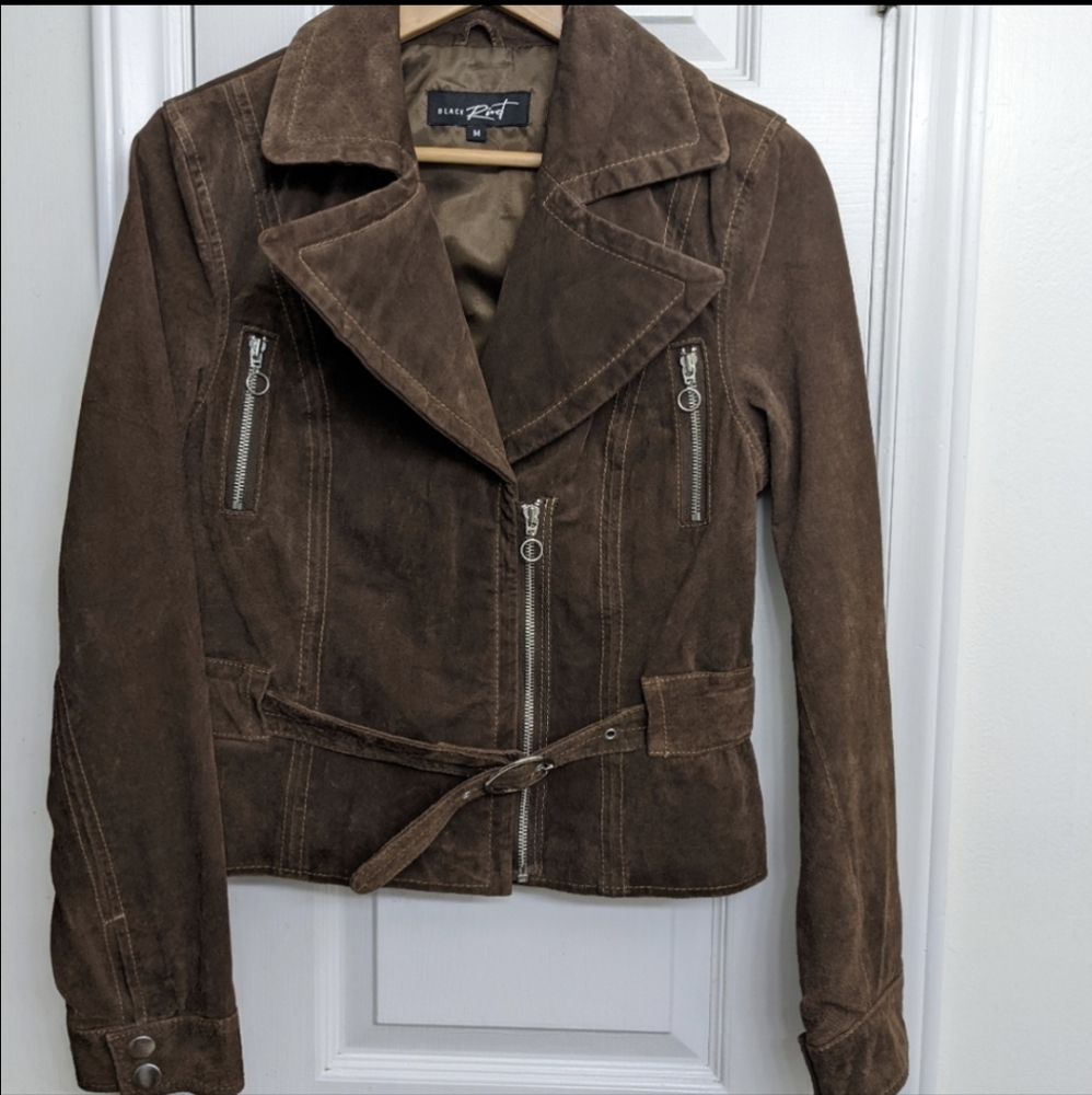 Black Rivet Brown Suede Belted Moto Style Jacket